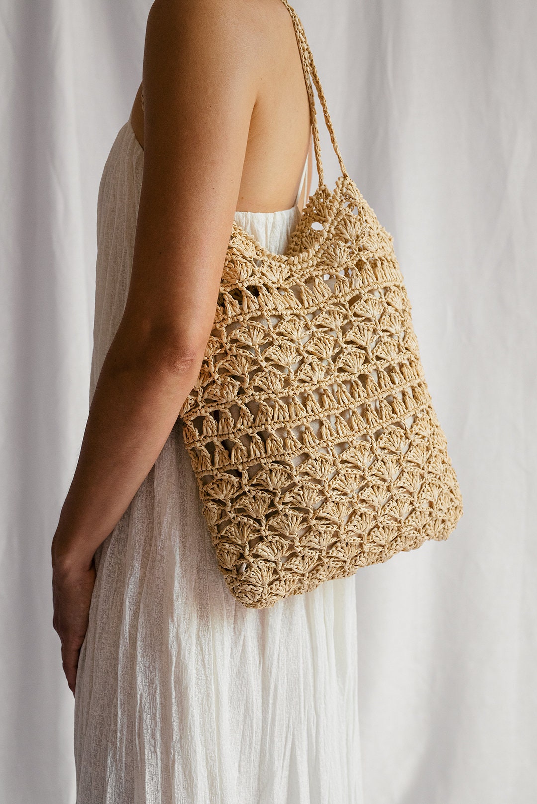 Crochet Raffia Tote Bag in Natural, Summer Tote Bag, Straw Mesh Bag, Handcrafted Tote, Crochet Handbag — Anemone Tote