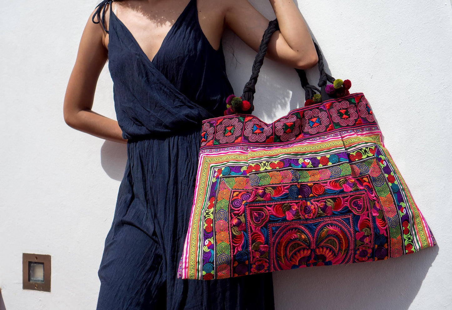 Red Bird Embroidered Hmong Tribes Tote Bag, Bohemian Beach Bag - BG301REDB