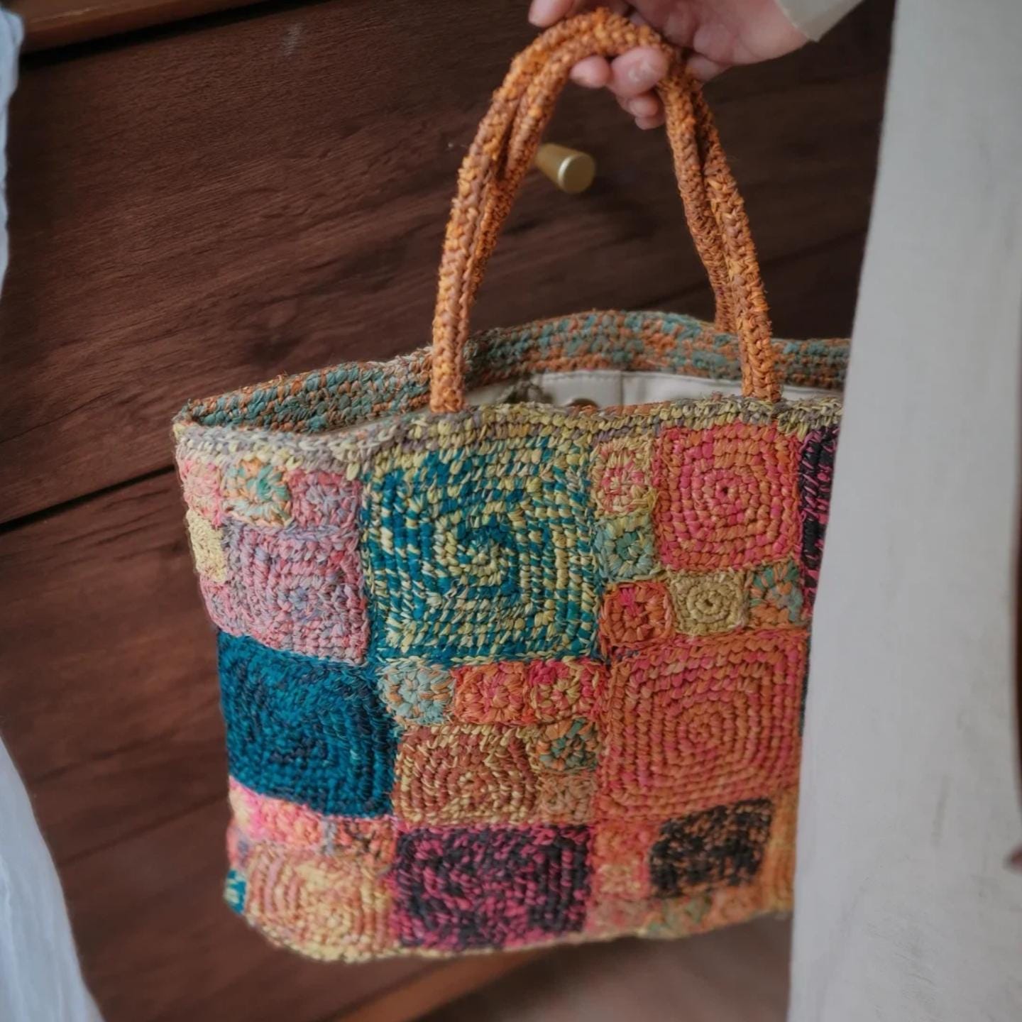 Handmade Boho Chic Raffia Handbag, Colorful Crochet Tote Bag, Woven Beach Bag with Magnetic Snap, Perfect for Vacation, Gift for Her
