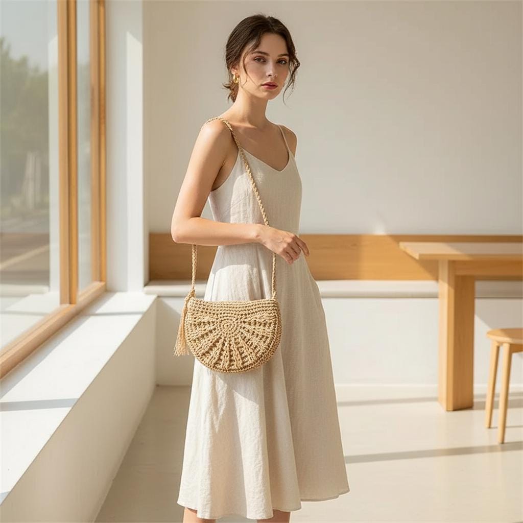 Half Moon Straw Rattan Bag Handwoven Boho Summer Beach Crossbody for Women