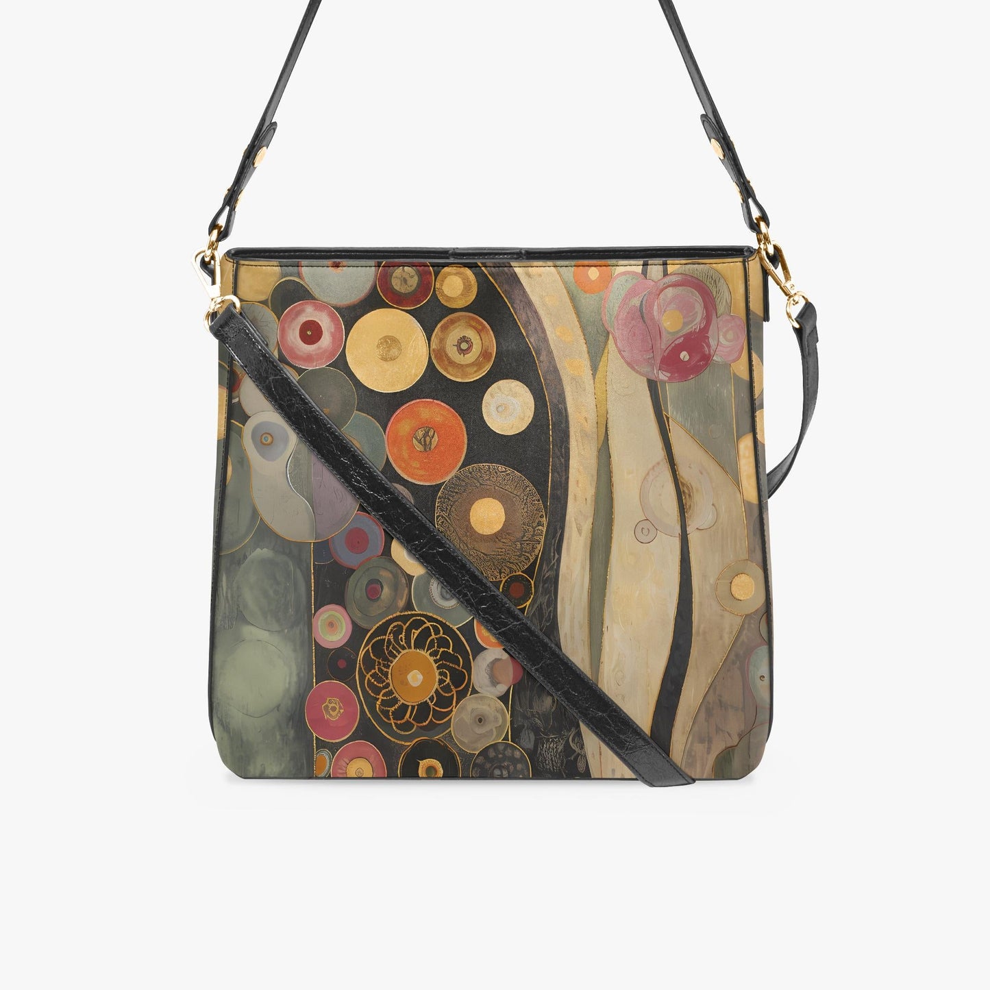 Klimt Art print Boho style Vegan Leather Bucket Bag, Crossbody Purse, Large Tote Purses, Personalized purse, Gift Women's Carryall Workbag