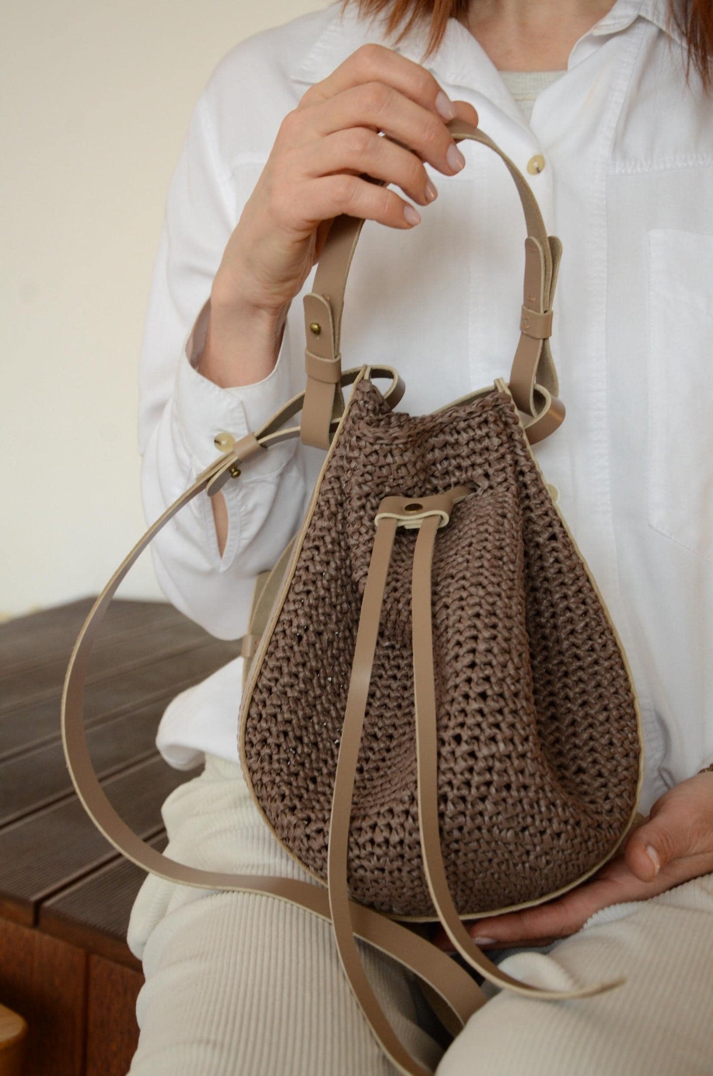 Handmade Crochet Raffia Crossbody Bucket Bag: Small Woven Shoulder Bag