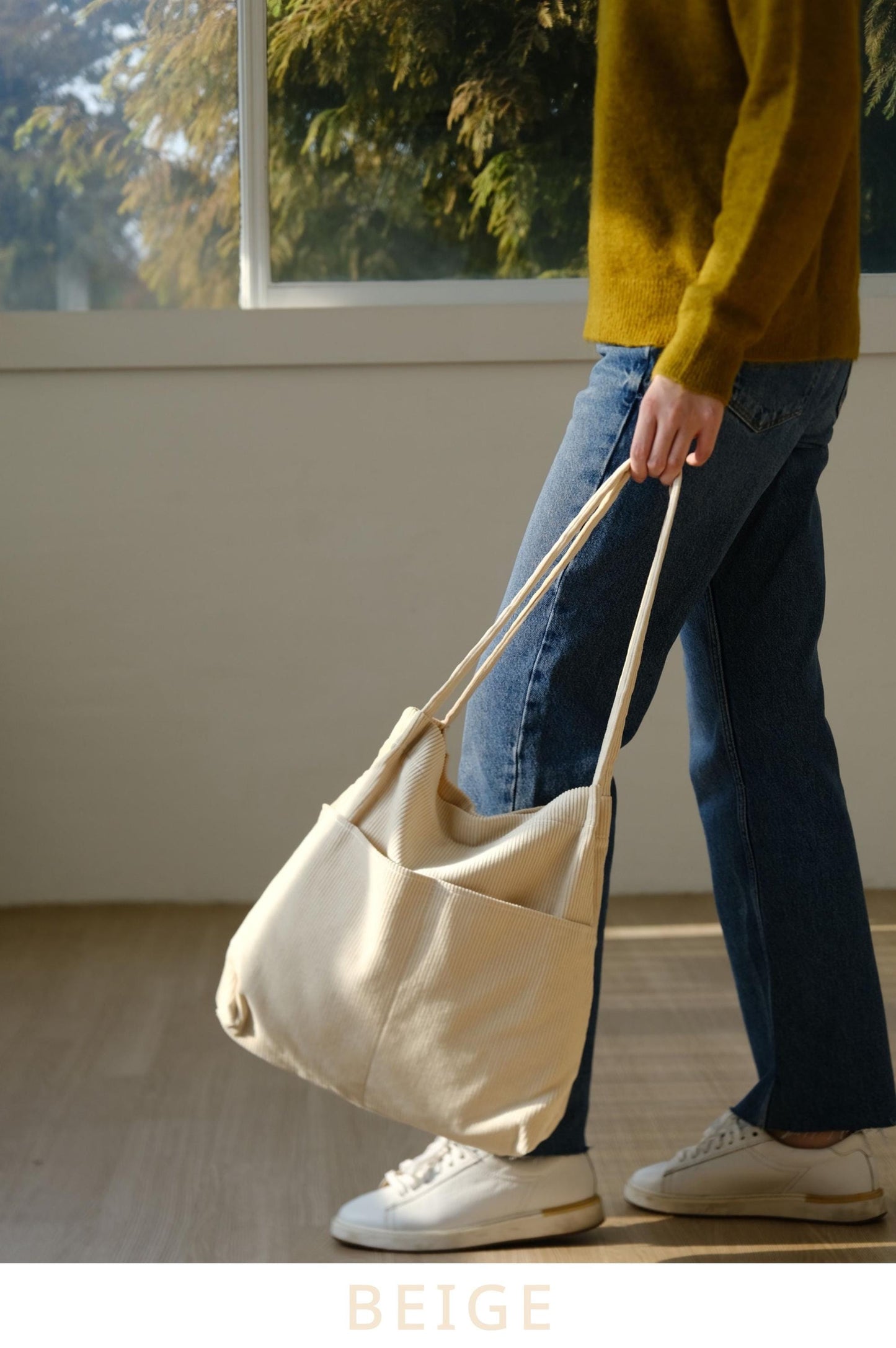 Double Pocket Soft Corduroy Tote Bag (Dark Brown), Women Shoulder Bag, Back to School Gift, College Student Bag, Everyday Book Tote