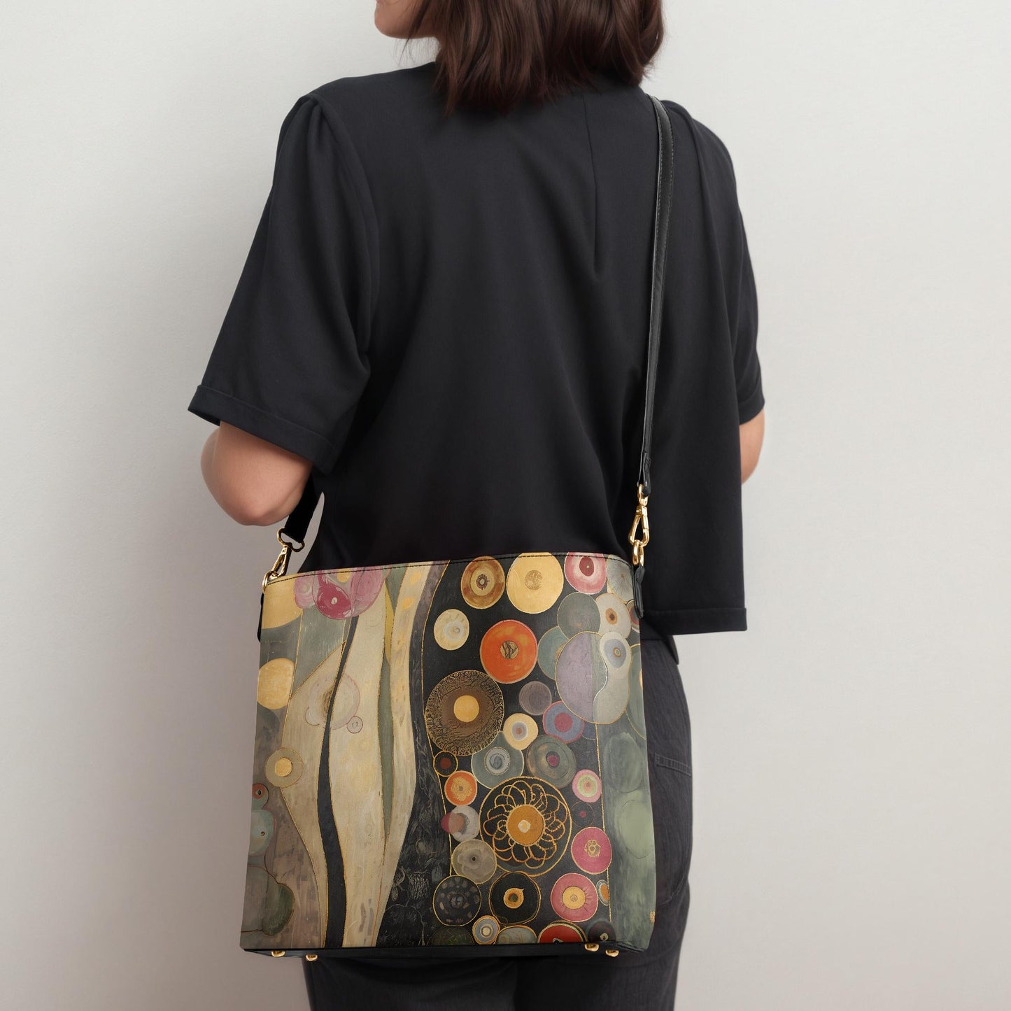 Klimt Art print Boho style Vegan Leather Bucket Bag, Crossbody Purse, Large Tote Purses, Personalized purse, Gift Women's Carryall Workbag