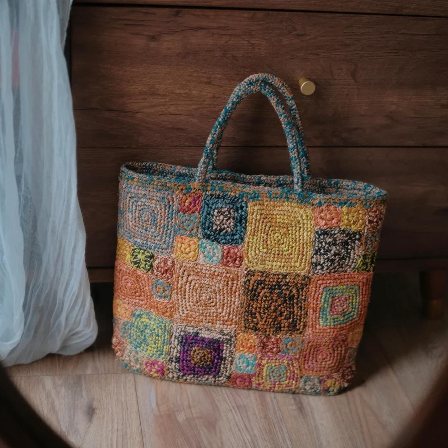 Handmade Crochet Raffia Tote Bag, Colorful Patchwork Boho Purse with Cotton Lining, Unique Artisan Beach Bag for Women,Gift for her