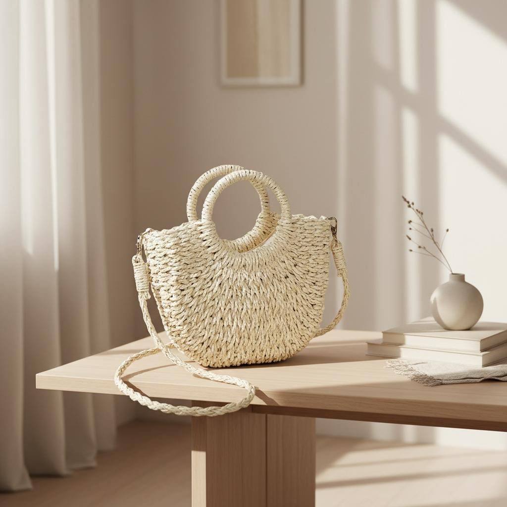 Handwoven Straw Half-Moon Handbag, Large Capacity Summer Crossbody Bag, Hollow Out Rattan Shoulder Bag for Women