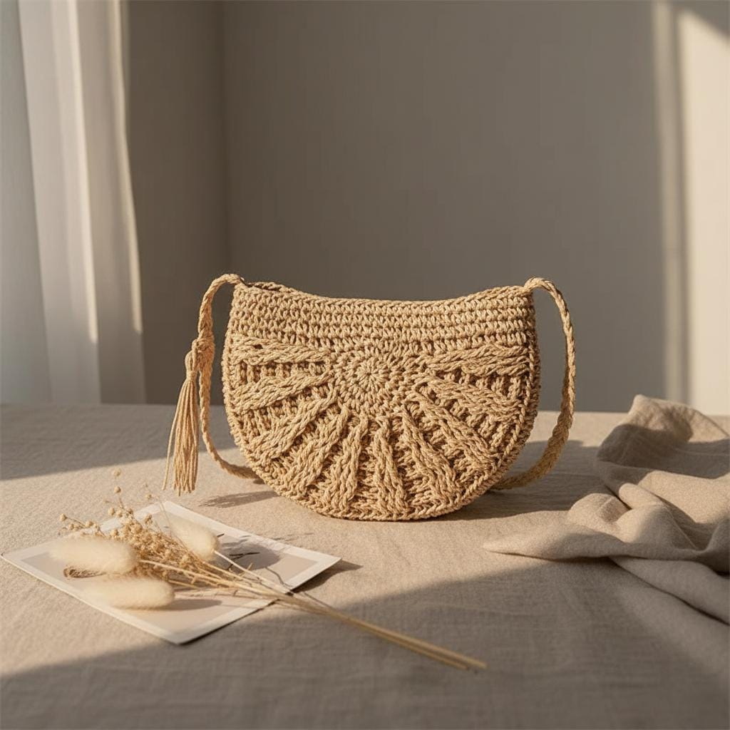 Half Moon Straw Rattan Bag Handwoven Boho Summer Beach Crossbody for Women