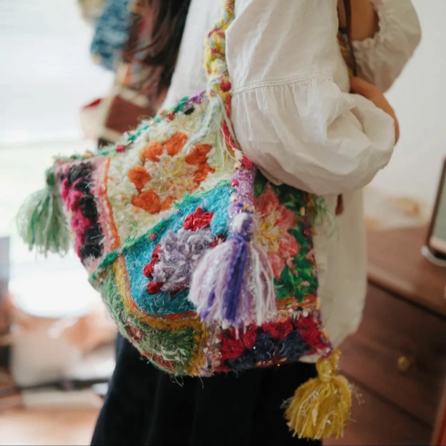 One-of-a-Kind Bag, Unique Crochet Shoulder Bag, Hand-Spun Yarn Granny Square Pyramid Purse, Eclectic Hippie Satchel, Statement Accessory