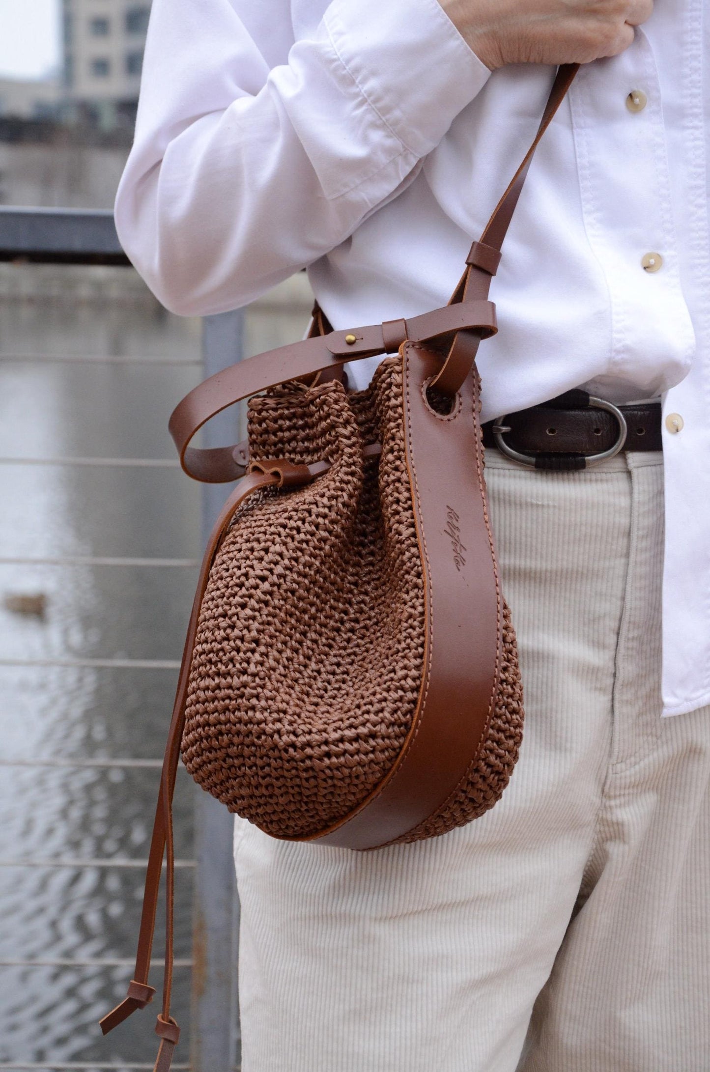 Handmade Crochet Raffia Crossbody Bucket Bag: Small Woven Shoulder Bag