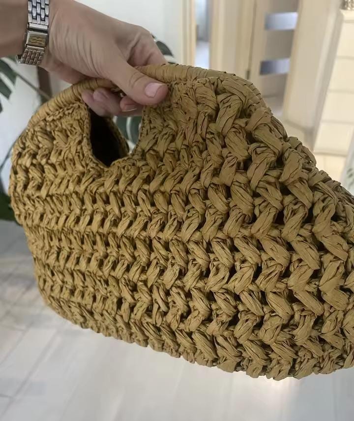 Handwoven Straw Clutch Bag Boho Woven Handbag Summer Raffia Purse Minimalist Crochet Tote Beach Vacation Bag Eco Friendly Gift Her