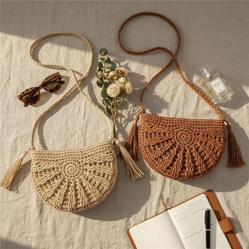 Half Moon Straw Rattan Bag Handwoven Boho Summer Beach Crossbody for Women