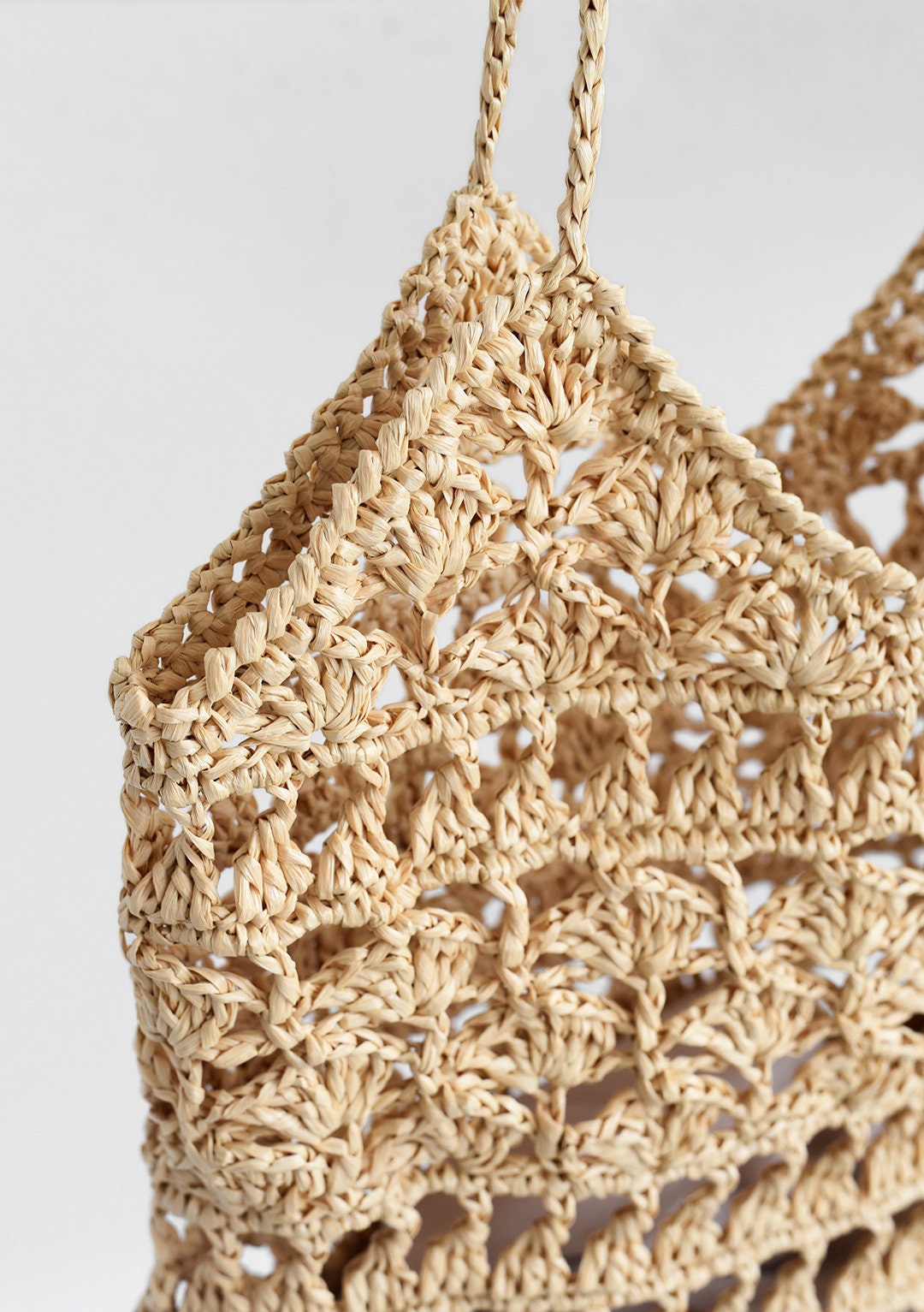 Crochet Raffia Tote Bag in Natural, Summer Tote Bag, Straw Mesh Bag, Handcrafted Tote, Crochet Handbag — Anemone Tote